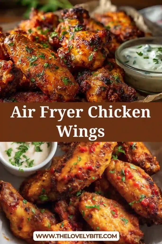Crispy Air Fryer Chicken Wings arranged on a serving plate with fresh parsley garnish. These juicy chicken wings have a golden exterior and are served with creamy ranch dip.
