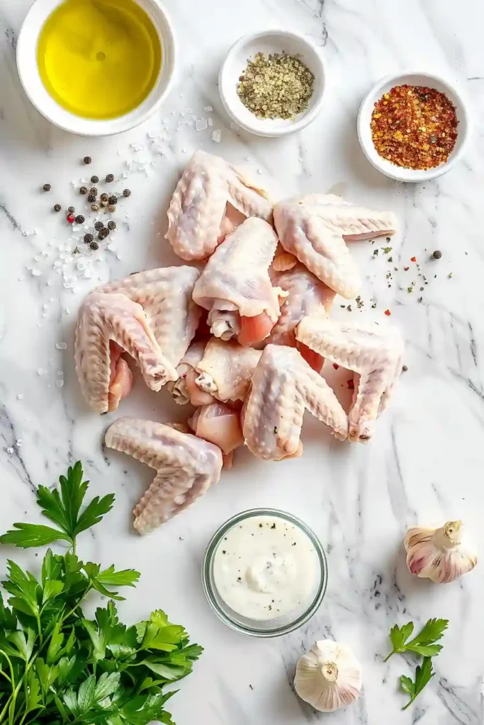 A plate of Air Fryer Chicken Wings served hot with chopped parsley and ranch dressing on the side. The wings look crispy, golden, and perfectly seasoned for an easy homemade appetizer.