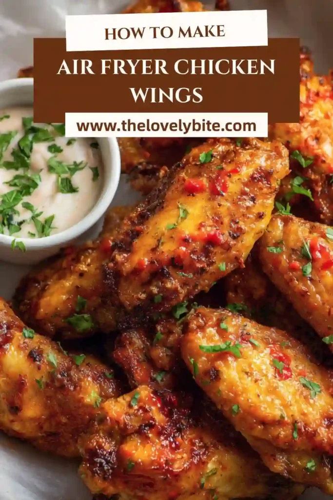 Homemade Air Fryer Chicken Wings with crisp skin and savory seasoning, freshly cooked and ready to serve. The wings are plated with ranch dressing for a classic game day meal.