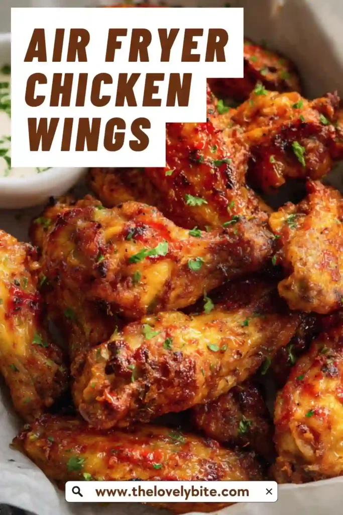 A close-up of Air Fryer Chicken Wings with paprika seasoning and parsley garnish. The chicken wings are golden brown, juicy inside, and ideal for a quick family-friendly dinner or snack.