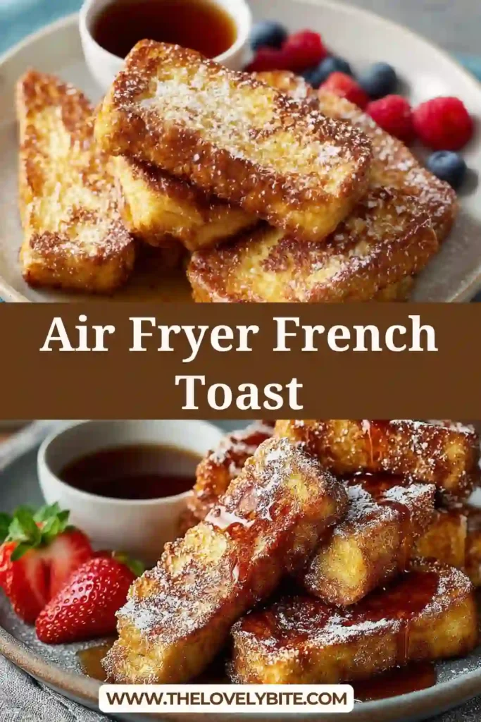 Air Fryer French Toast served golden brown with powdered sugar and maple syrup on top. The brioche slices look crispy outside and soft inside.