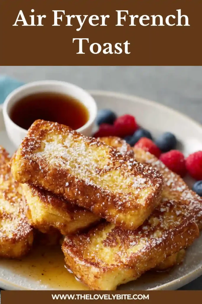 Close-up of crispy Air Fryer French Toast stacked on a plate with syrup drizzle and a dusting of sugar.