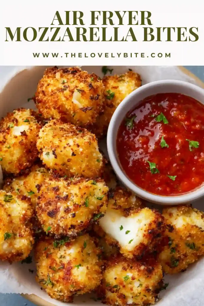 Crispy Air Fryer Mozzarella Bites served hot with marinara sauce, showing golden coating and melted cheese inside. Perfect easy appetizer.