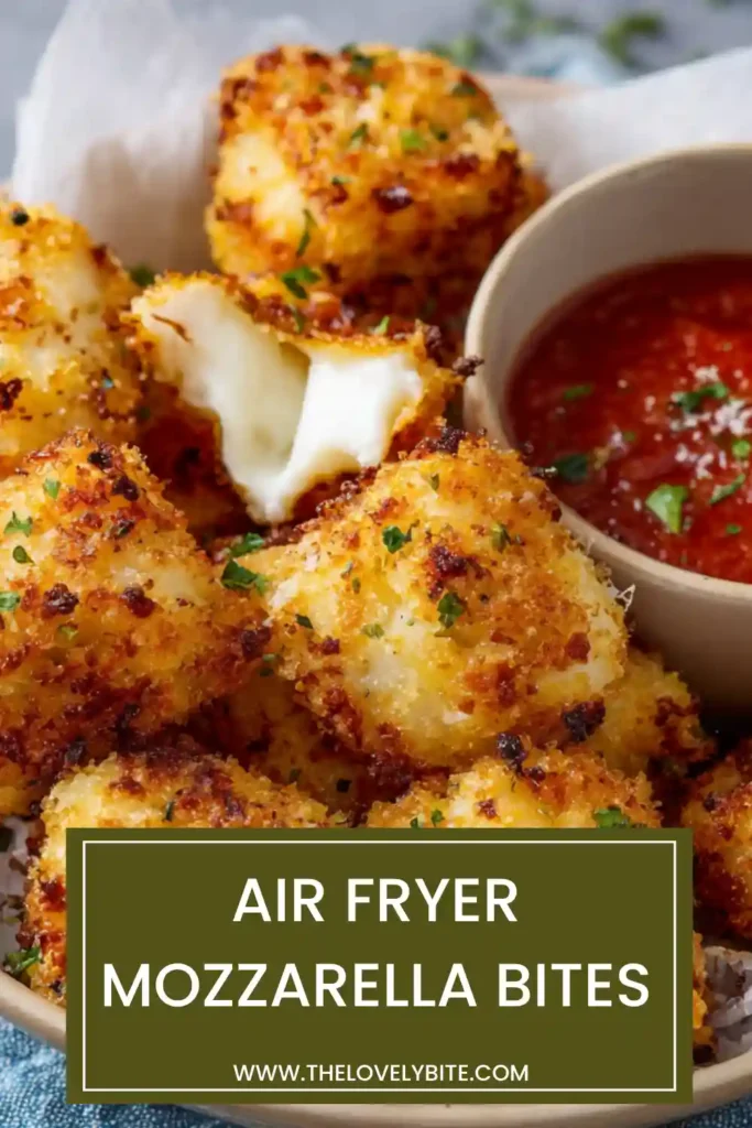 Close-up of Air Fryer Mozzarella Bites with stretchy melted cheese and crunchy breadcrumb crust. Ideal quick snack idea.