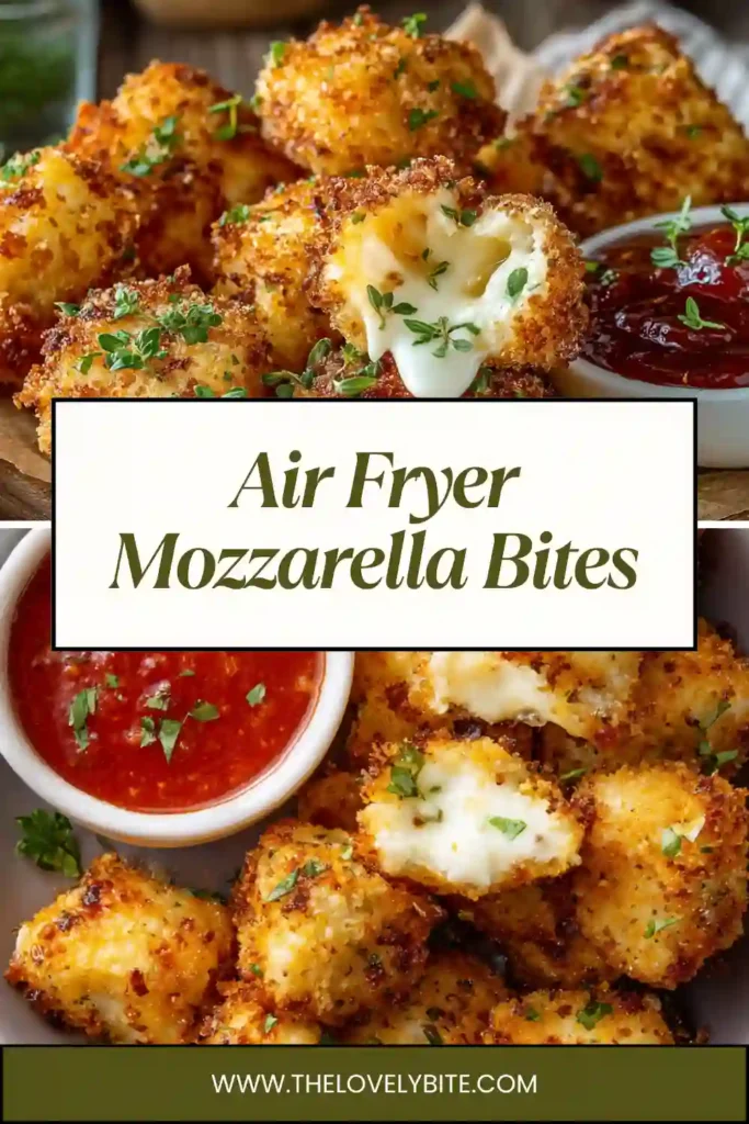 Homemade Air Fryer Mozzarella Bites arranged on a plate with dipping sauce, highlighting crispy texture and cheesy center.