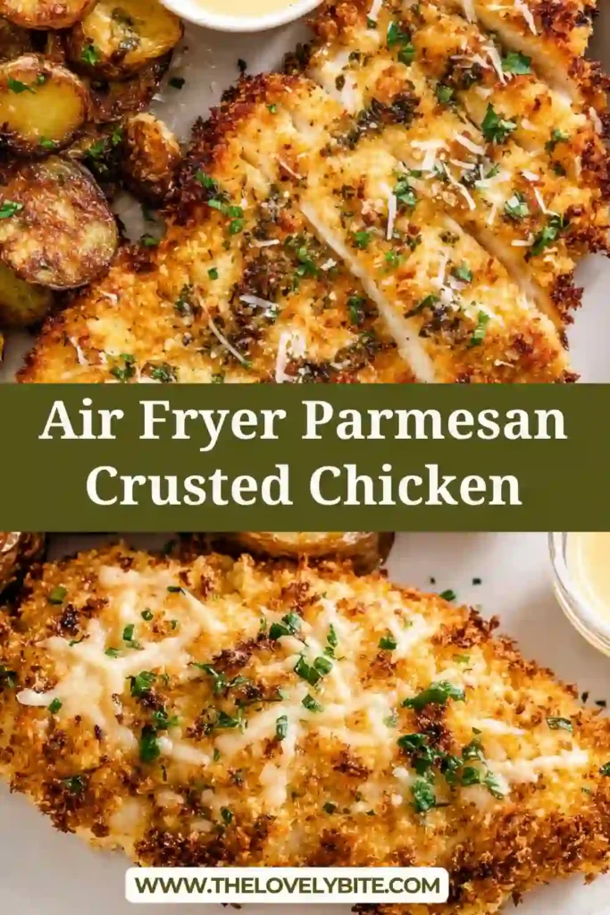 Crispy Air Fryer Parmesan Crusted Chicken served with parsley garnish on a plate. Golden breaded chicken breast cooked in an air fryer.