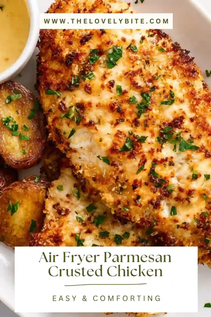 Close-up of Air Fryer Parmesan Crusted Chicken showing crunchy panko and parmesan coating with juicy chicken inside.