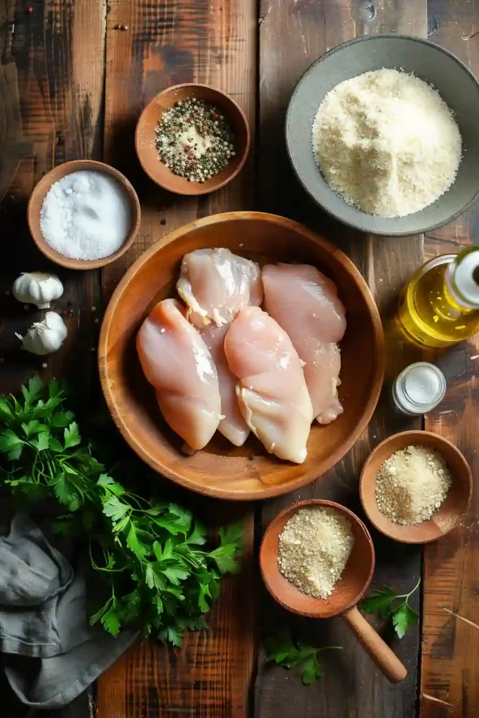 Golden brown parmesan crusted chicken cooked in air fryer basket with crispy texture.