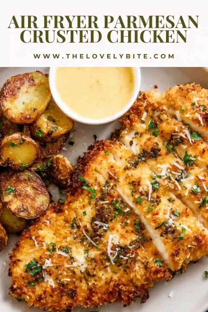 Homemade Air Fryer Parmesan Crusted Chicken plated with fresh herbs and extra cheese.