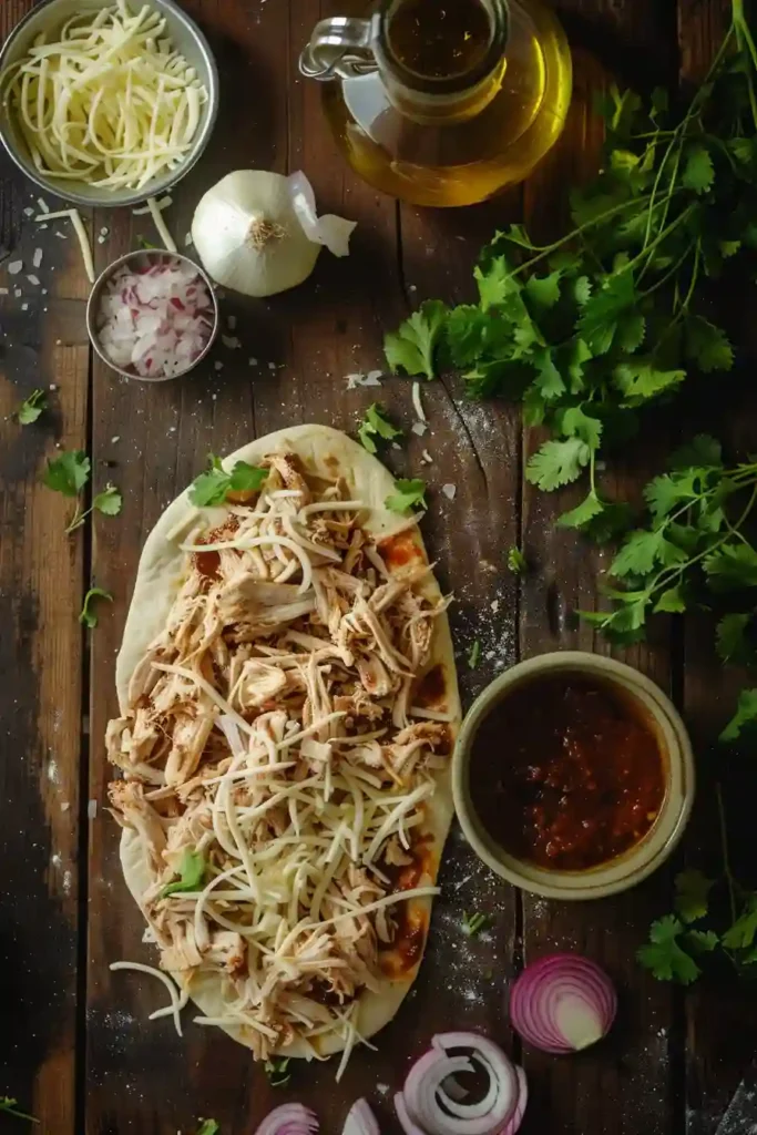 A freshly baked BBQ Chicken Flatbread Pizza topped with shredded chicken, melted mozzarella, sliced red onion, and chopped cilantro. The flatbread crust looks crisp and golden, making this easy flatbread pizza look warm and inviting.