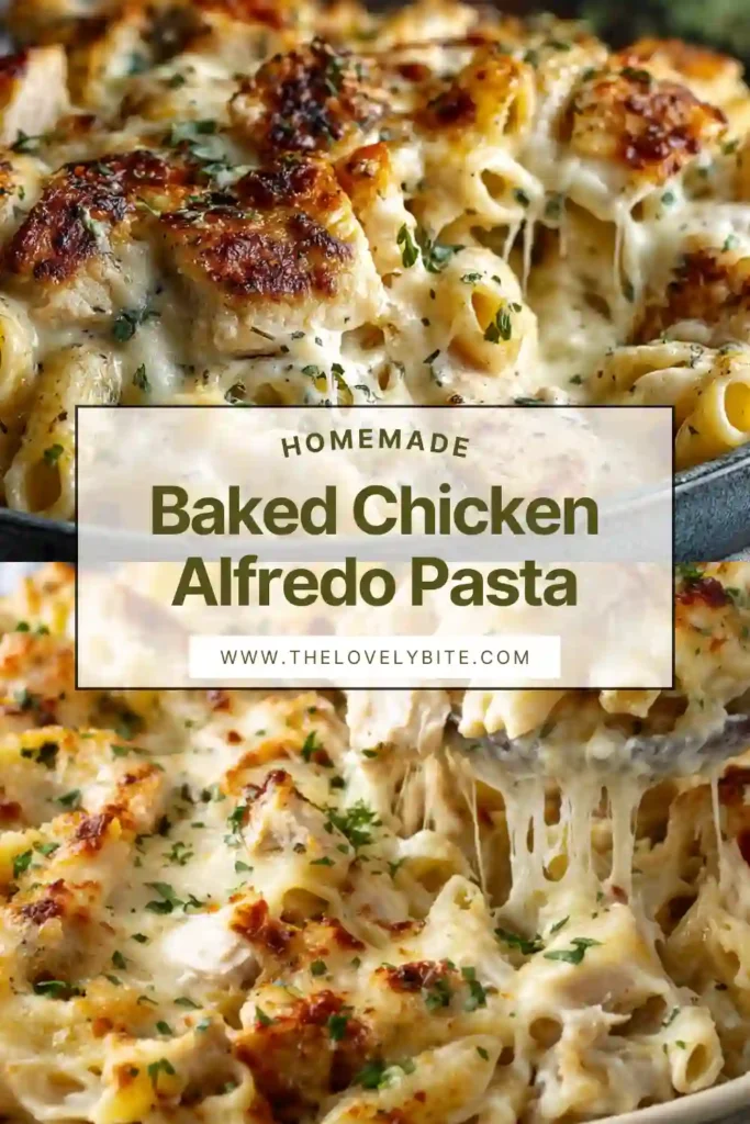 A baking dish filled with baked chicken Alfredo pasta topped with melted mozzarella and parmesan cheese. The creamy Alfredo sauce coats the penne pasta and shredded chicken for a rich comfort meal.