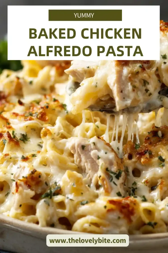 Close-up of creamy baked chicken Alfredo pasta with golden melted cheese and tender chicken pieces. The dish is freshly baked and served straight from the oven.