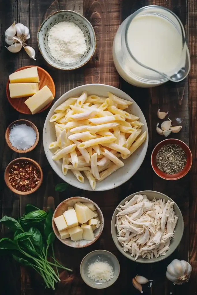 Homemade baked chicken Alfredo pasta featuring penne pasta, creamy Alfredo sauce, and shredded chicken baked until golden and cheesy.