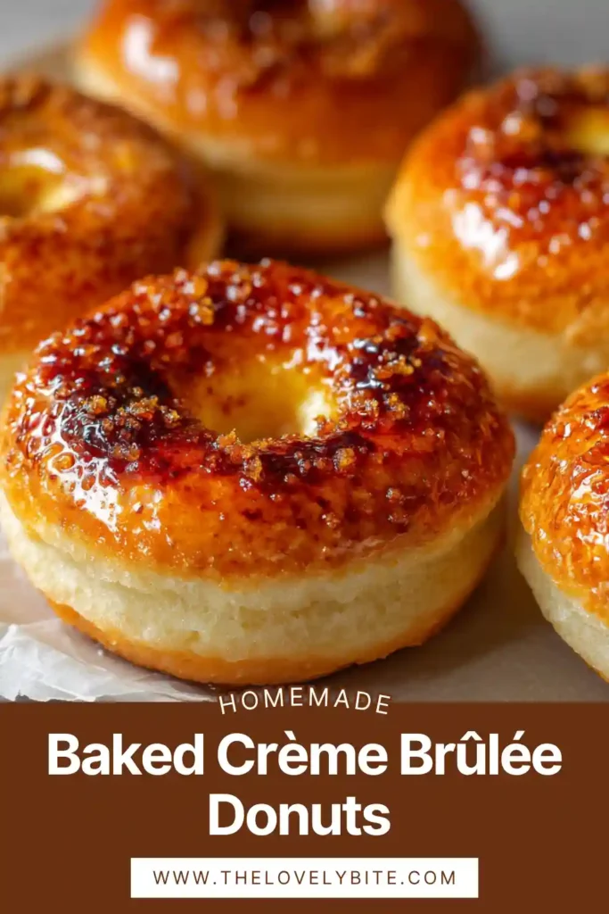 Close-up of a Baked Crème Brûlée Donut cut open to show the creamy custard center. The top has a thin amber sugar shell that adds the signature crème brûlée crunch.