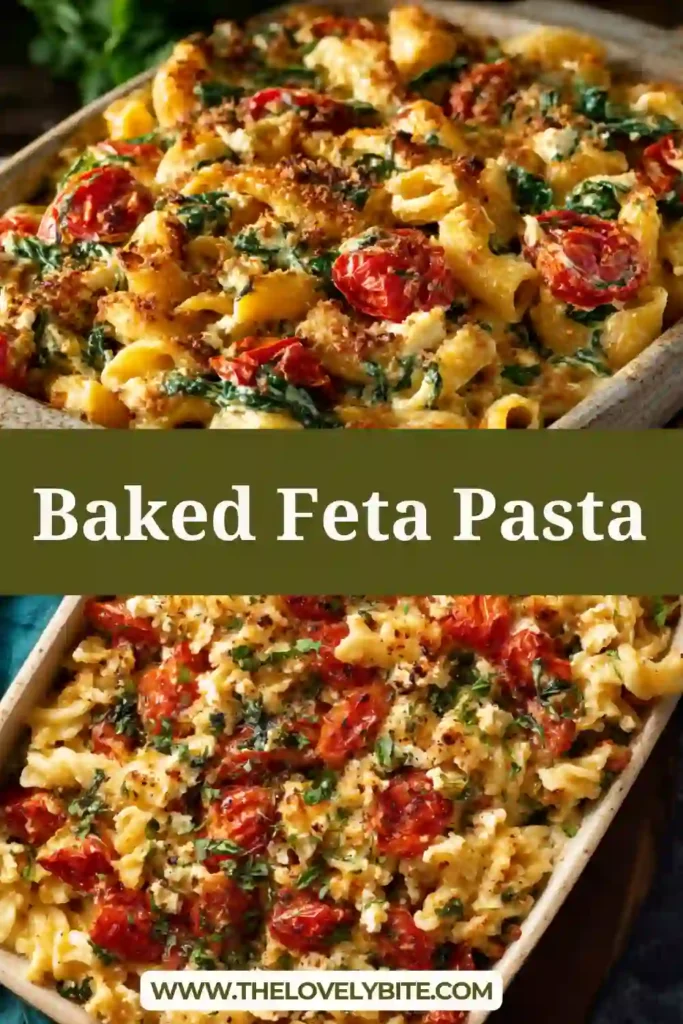 Baked Feta Pasta with roasted tomatoes, creamy feta cheese, and fresh basil mixed with pasta in a baking dish. The dish looks rich and comforting.