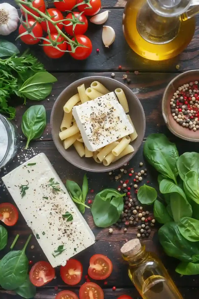 Overhead view of baked feta pasta in a dish with roasted tomatoes, garlic, and olive oil blended into a creamy sauce.