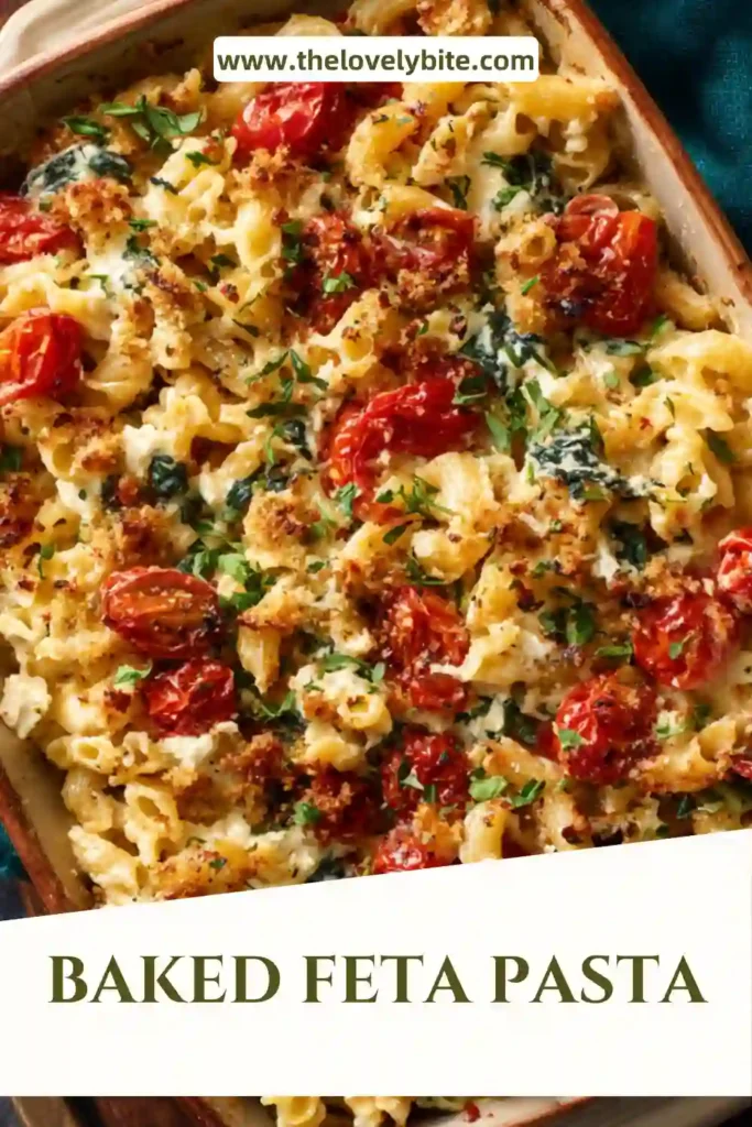 Close-up of creamy baked feta pasta with spinach and herbs, showing melted cheese and roasted tomatoes coating the pasta.