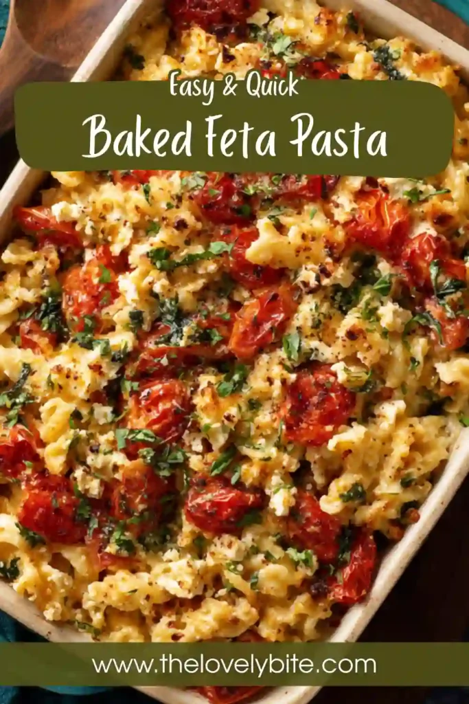 Freshly prepared baked feta pasta served warm with basil and parsley, highlighting its creamy texture and vibrant colors.
