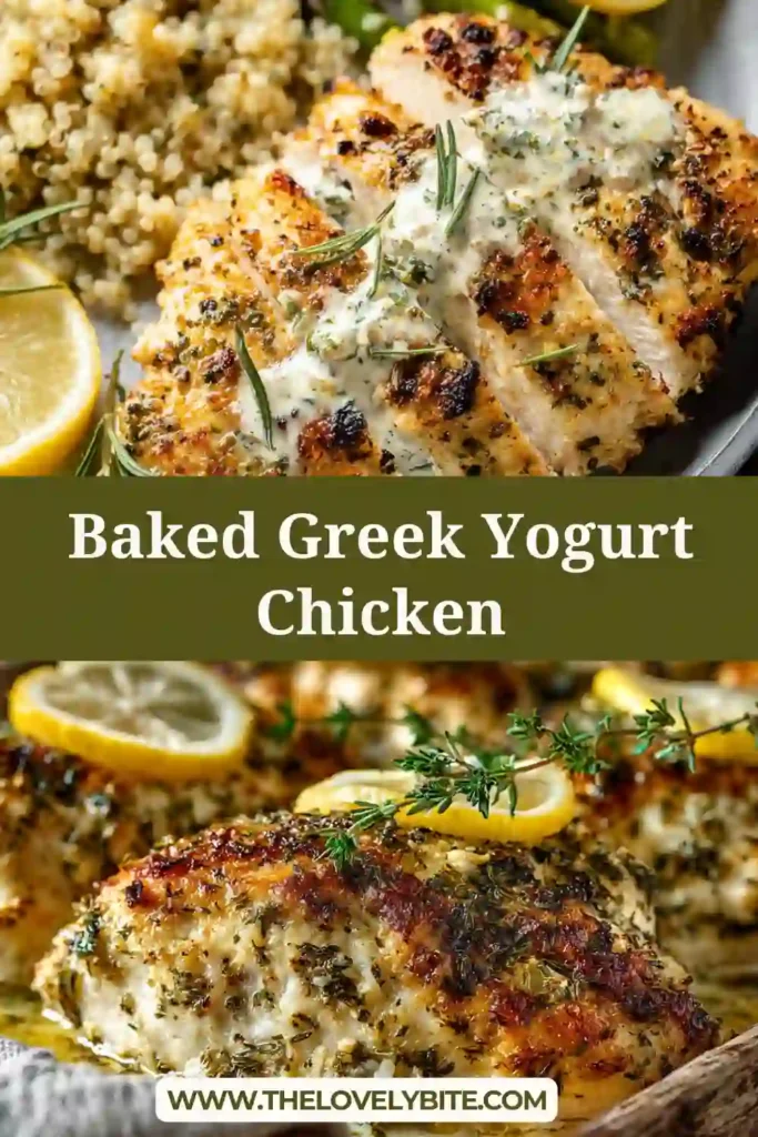 Close-up of Baked Greek Yogurt Chicken served warm with parsley and pan juices. This Mediterranean chicken recipe features a Greek yogurt marinade with garlic, lemon, and oregano.