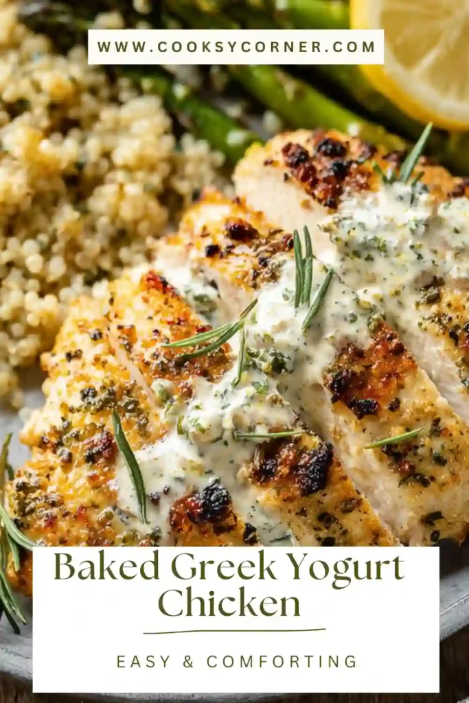 Oven-baked chicken thighs marinated in Greek yogurt, lemon juice, and herbs, cooked until tender and golden brown. This easy chicken dinner looks fresh, savory, and comforting.