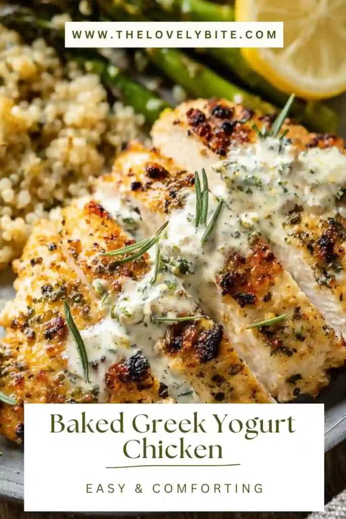 Oven-baked chicken thighs marinated in Greek yogurt, lemon juice, and herbs, cooked until tender and golden brown. This easy chicken dinner looks fresh, savory, and comforting.