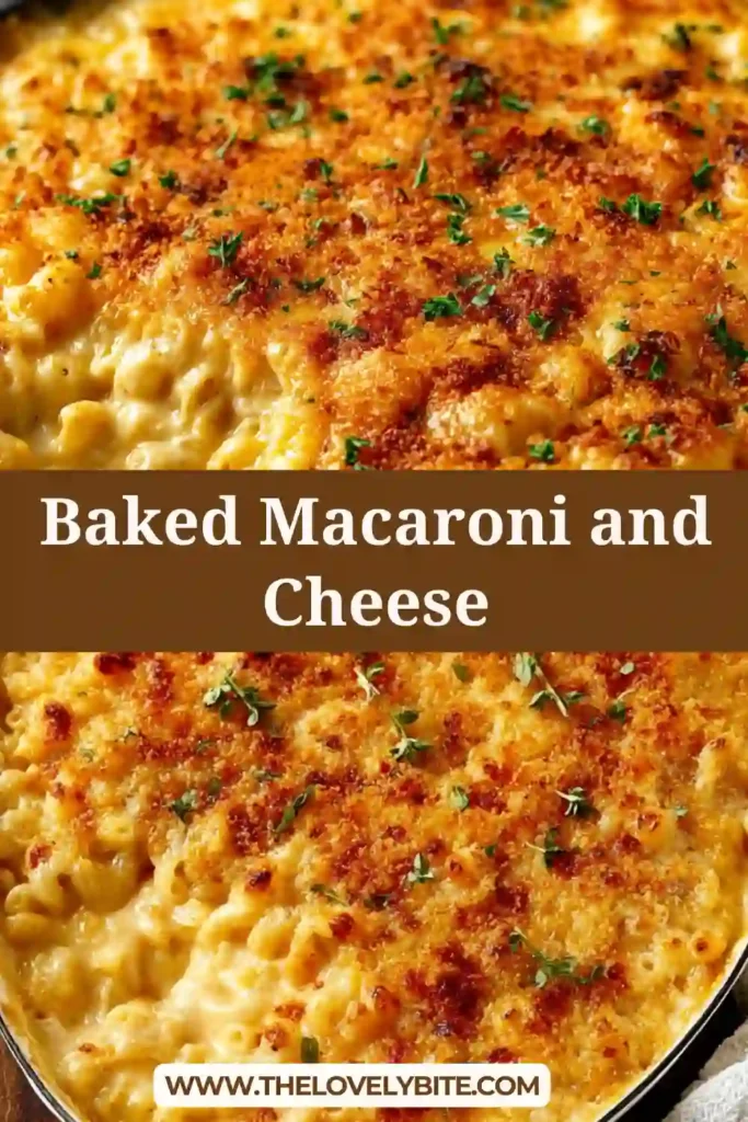 Creamy baked macaroni and cheese in a casserole dish with a golden breadcrumb topping. The classic comfort food pasta bake is rich with melted cheddar cheese and perfectly baked pasta.