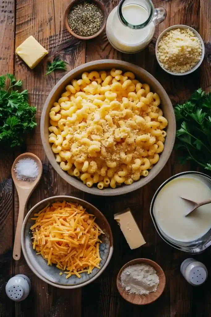 Freshly baked macaroni and cheese with a crispy golden crust and creamy interior. This classic baked pasta dish is rich, comforting, and perfect for family meals.