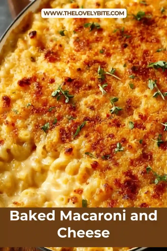 Homemade baked macaroni and cheese topped with crispy panko breadcrumbs and fresh parsley. This classic cheddar pasta dish is creamy, cheesy, and baked until golden.