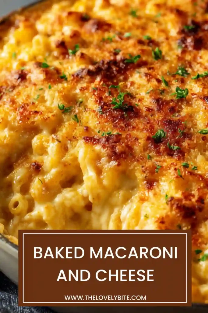 A serving of baked macaroni and cheese with thick cheddar cheese sauce and crunchy topping. The pasta is perfectly coated in creamy cheese and baked to bubbly perfection.