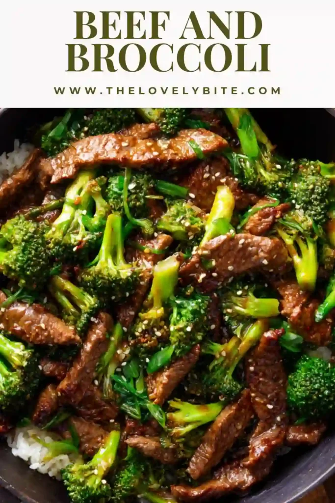 Homemade healthy beef and broccoli stir fry in a pan with garlic, ginger, and green onions. The dish features juicy beef and vibrant broccoli in a thick savory sauce.