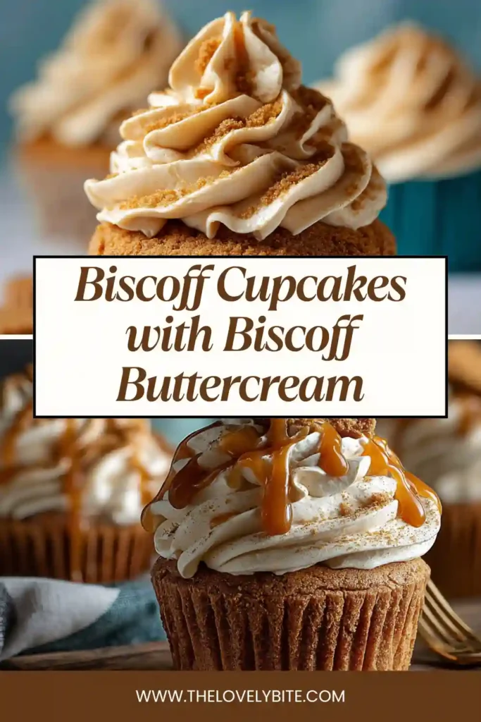 Close-up of Biscoff Cupcakes with Biscoff Buttercream frosting swirled on top. The texture looks fluffy and moist with a caramel tone.