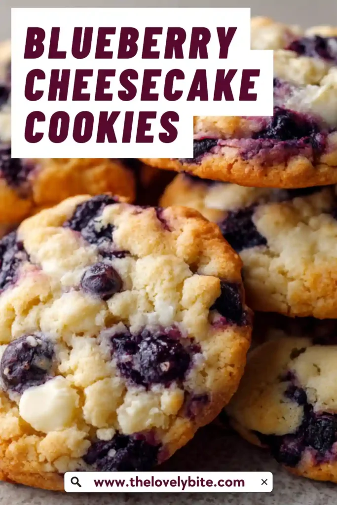 Freshly baked blueberry cheesecake cookies with soft centers and juicy blueberries. These homemade cream cheese cookies have a tender texture and rich flavor.