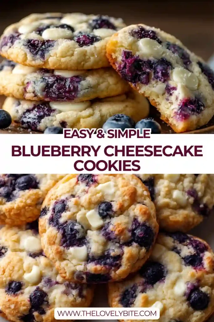 Soft blueberry cheesecake cookies on a cooling rack with visible blueberries in each cookie. A delicious blueberry cookie recipe made with cream cheese for extra richness.