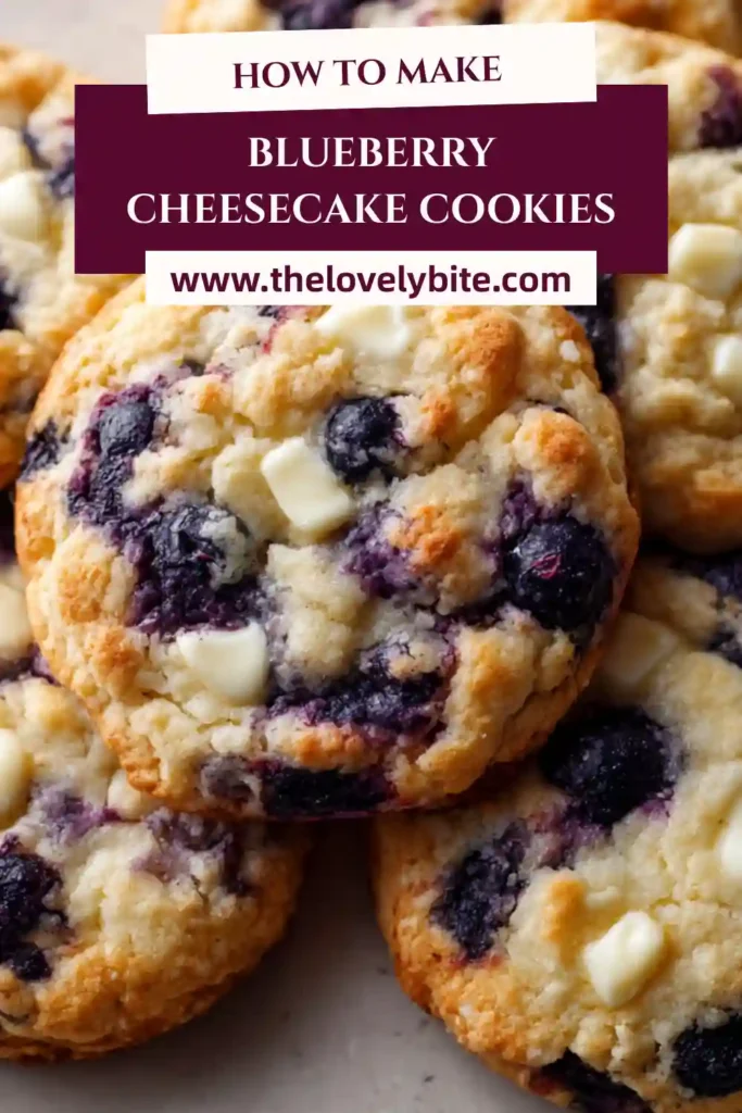 Close-up of blueberry cheesecake cookies showing soft crumb and fresh berries. These bakery-style blueberry cookies combine creamy cheesecake flavor and sweet blueberries.