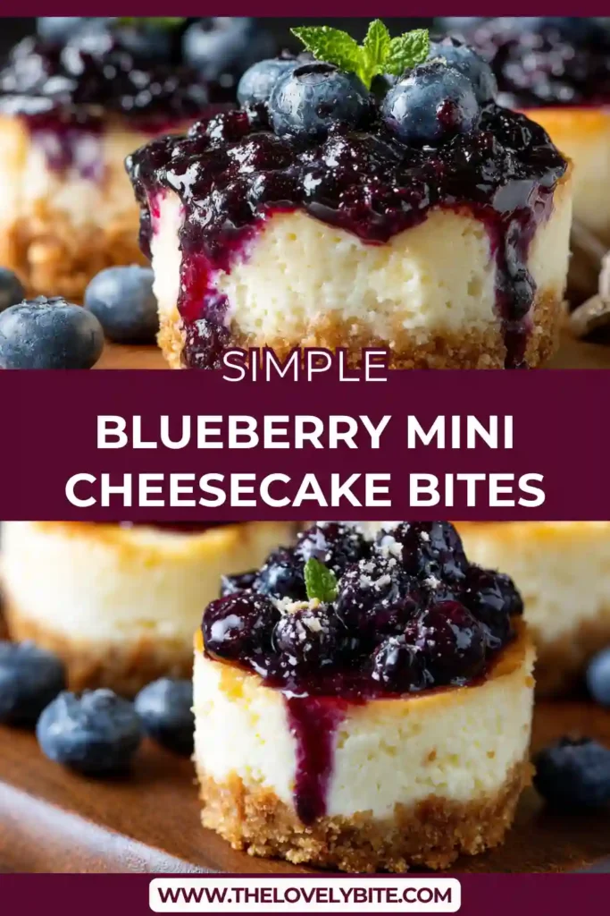 Close-up of mini cheesecakes topped with fresh blueberry sauce and whipped cream, showing smooth texture and vibrant colors.