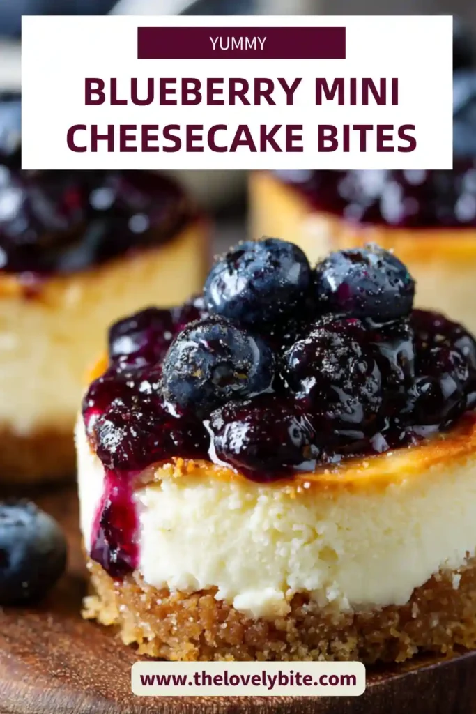 Blueberry Topped Mini Cheesecakes with creamy filling and glossy blueberry sauce on a golden crust. Perfect individual dessert portions.