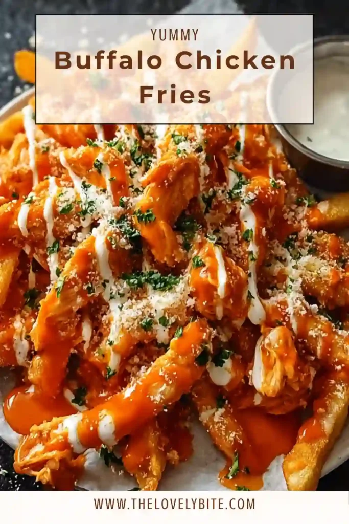 Buffalo Chicken Fries served hot on a baking sheet with juicy chicken, bubbling cheese, buffalo sauce drizzle, blue cheese crumbles, and sliced green onions. The dish is colorful, hearty, and perfect for a party table.