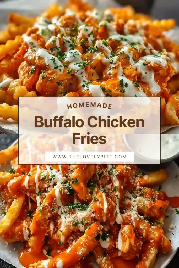 Close-up of Buffalo Chicken Fries with crisp oven-baked fries layered under saucy chicken and melted cheese. Ranch dressing and buffalo sauce add a creamy, spicy finish to this easy appetizer.