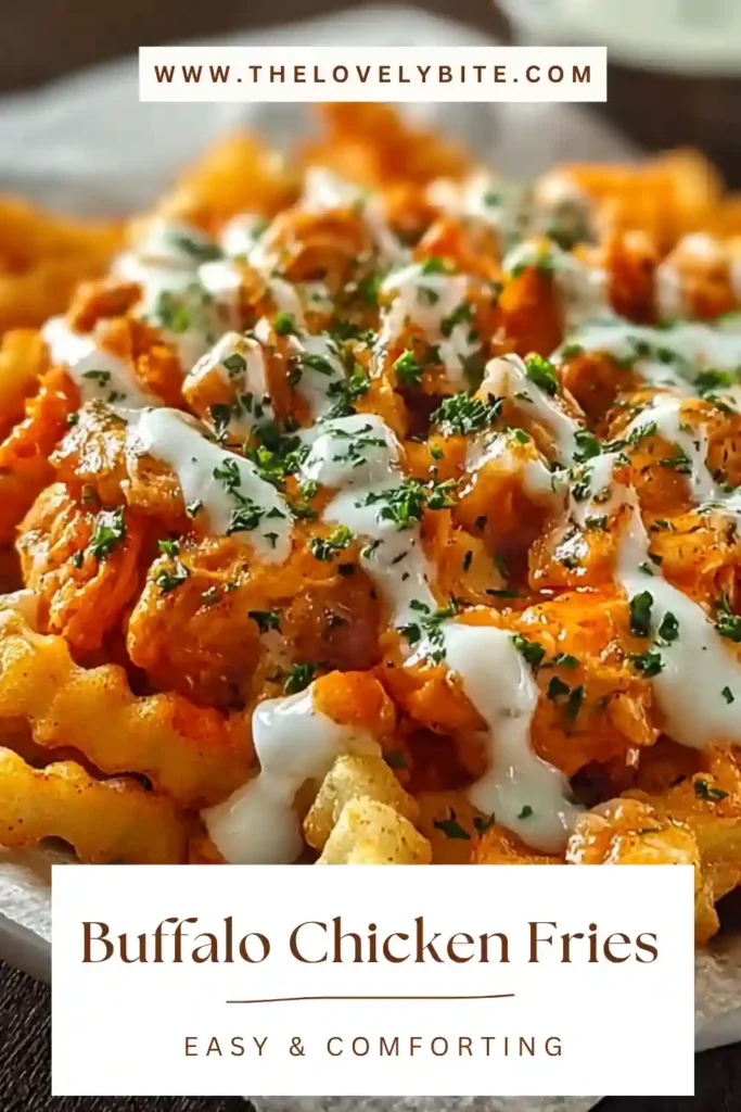 Freshly baked Buffalo Chicken Fries piled high with spicy chicken, shredded cheese, blue cheese crumbles, and green onions. This cheesy loaded fries recipe is ideal for game day snacking and casual entertaining.