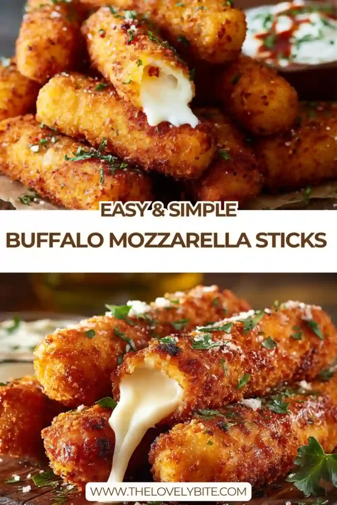 Golden fried mozzarella sticks covered in buffalo sauce with melted cheese inside and crunchy coating outside.