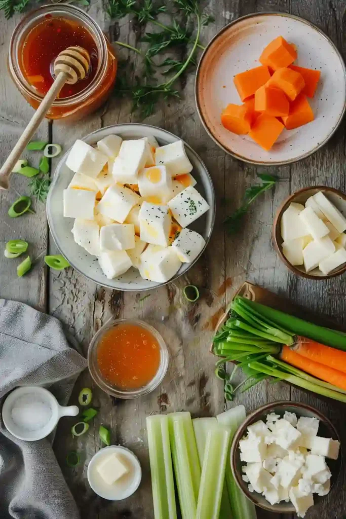 Close-up of Buffalo Mozzarella Sticks showing gooey cheese pull and spicy glaze with ranch dip.