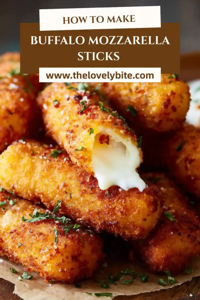 Crispy Buffalo Mozzarella Sticks coated in spicy sauce served with dipping sauces and fresh vegetables on the side.