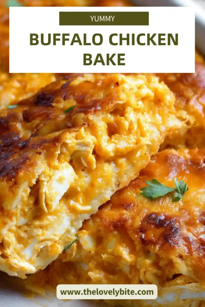 Buffalo chicken bake sliced with melted cheese and golden crust on a baking tray. The spicy chicken filling looks creamy and rich.