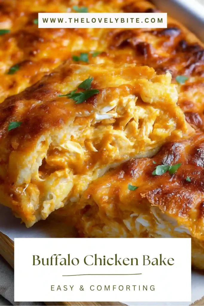 Close-up of cheesy buffalo chicken bake showing layers of chicken, sauce, and melted mozzarella. Perfect comfort food dish.