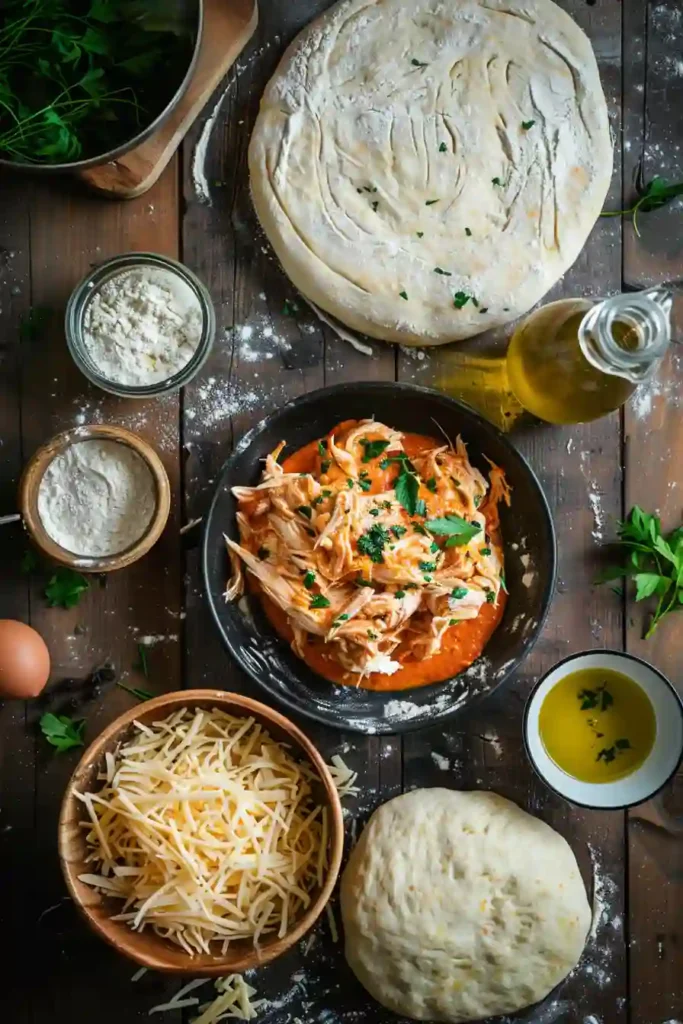 Homemade buffalo chicken bake served warm with ranch dip and visible cheesy filling inside.