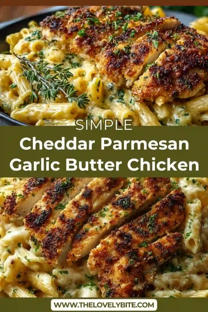 Cheddar Parmesan Garlic Butter Chicken served over creamy penne pasta with parsley garnish. The dish looks rich, cheesy, and perfectly cooked.