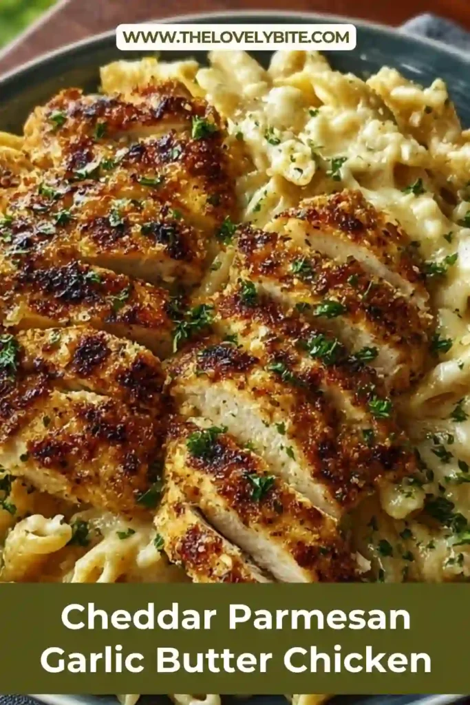 Creamy cheddar Parmesan pasta topped with sliced garlic butter chicken in a skillet. Smooth sauce coats every piece of penne.