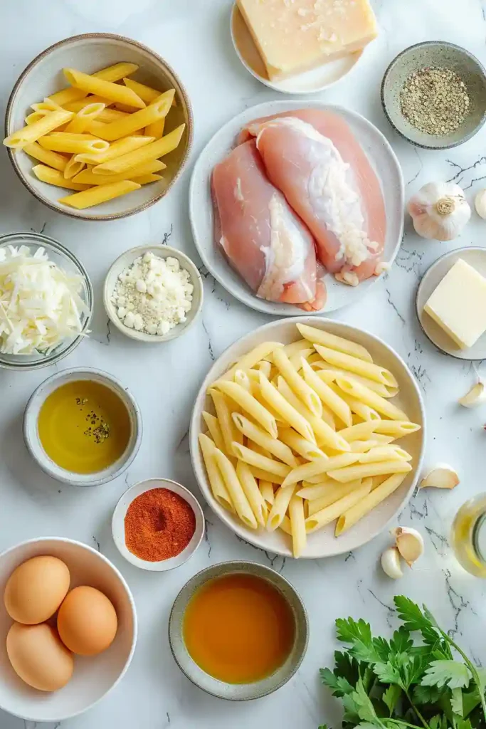 A bowl of Cheddar Parmesan Garlic Butter Chicken pasta with creamy sauce and melted cheese, perfect for dinner.
