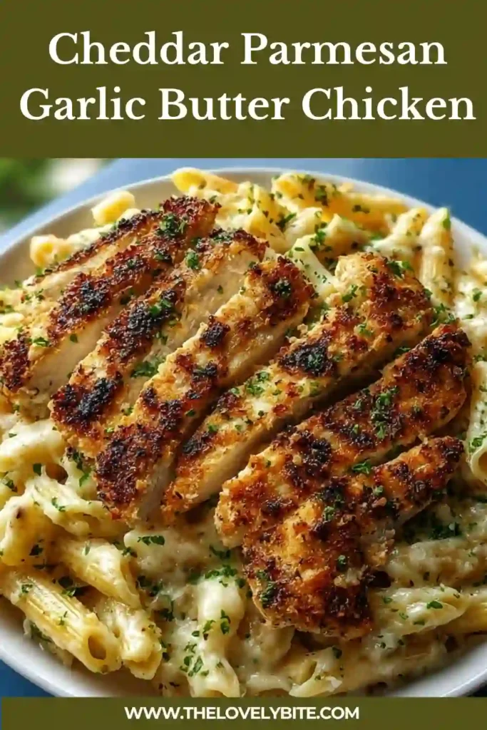 Close-up of cheesy penne pasta with tender chicken and garlic butter sauce. Fresh herbs add color and freshness.