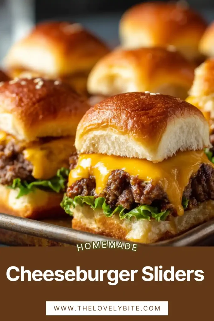 Close-up of cheeseburger sliders showing layers of beef, cheese, and soft rolls with a glossy butter topping.